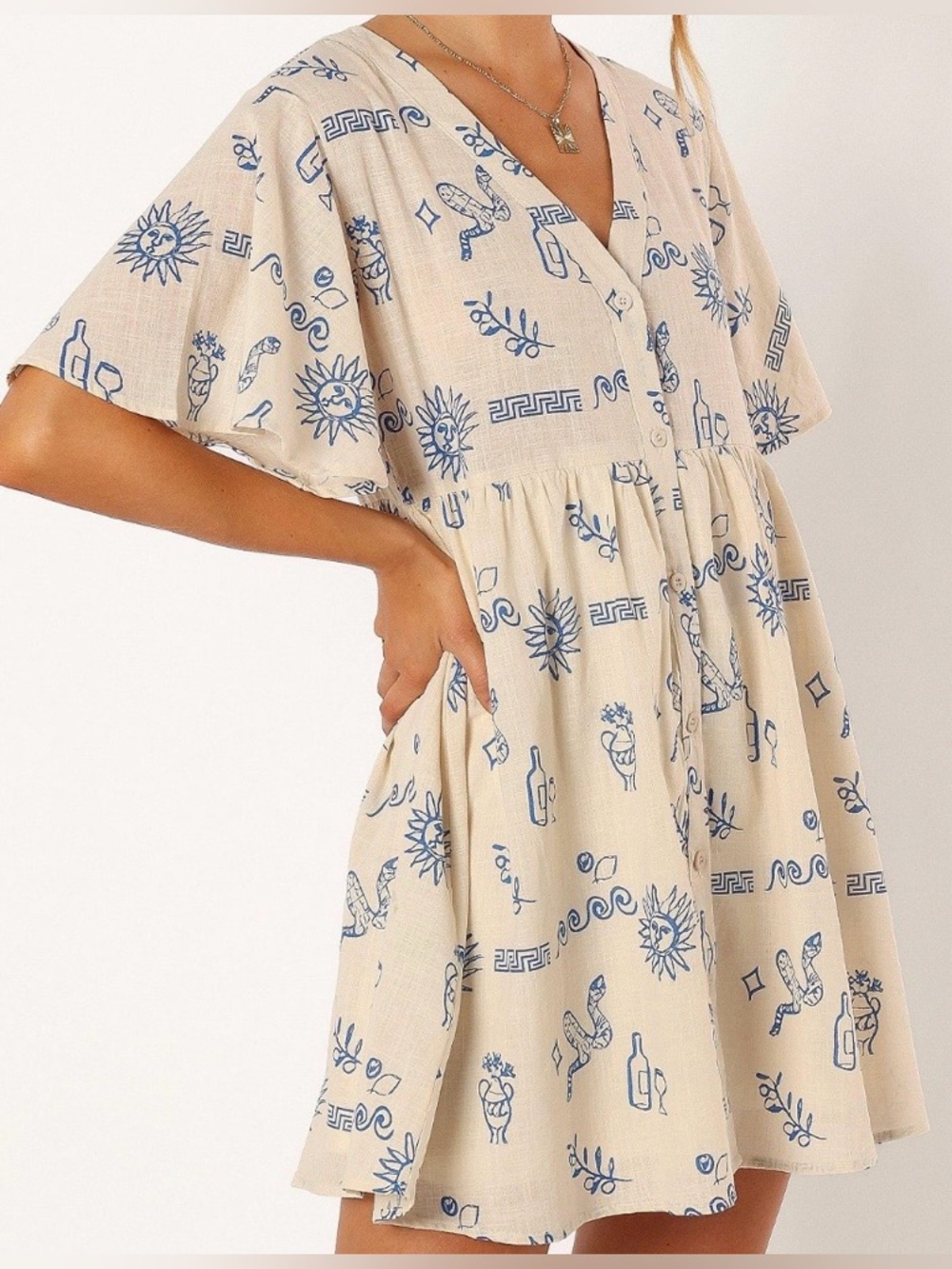 Petal & Pup Beige Dress with Blue Print